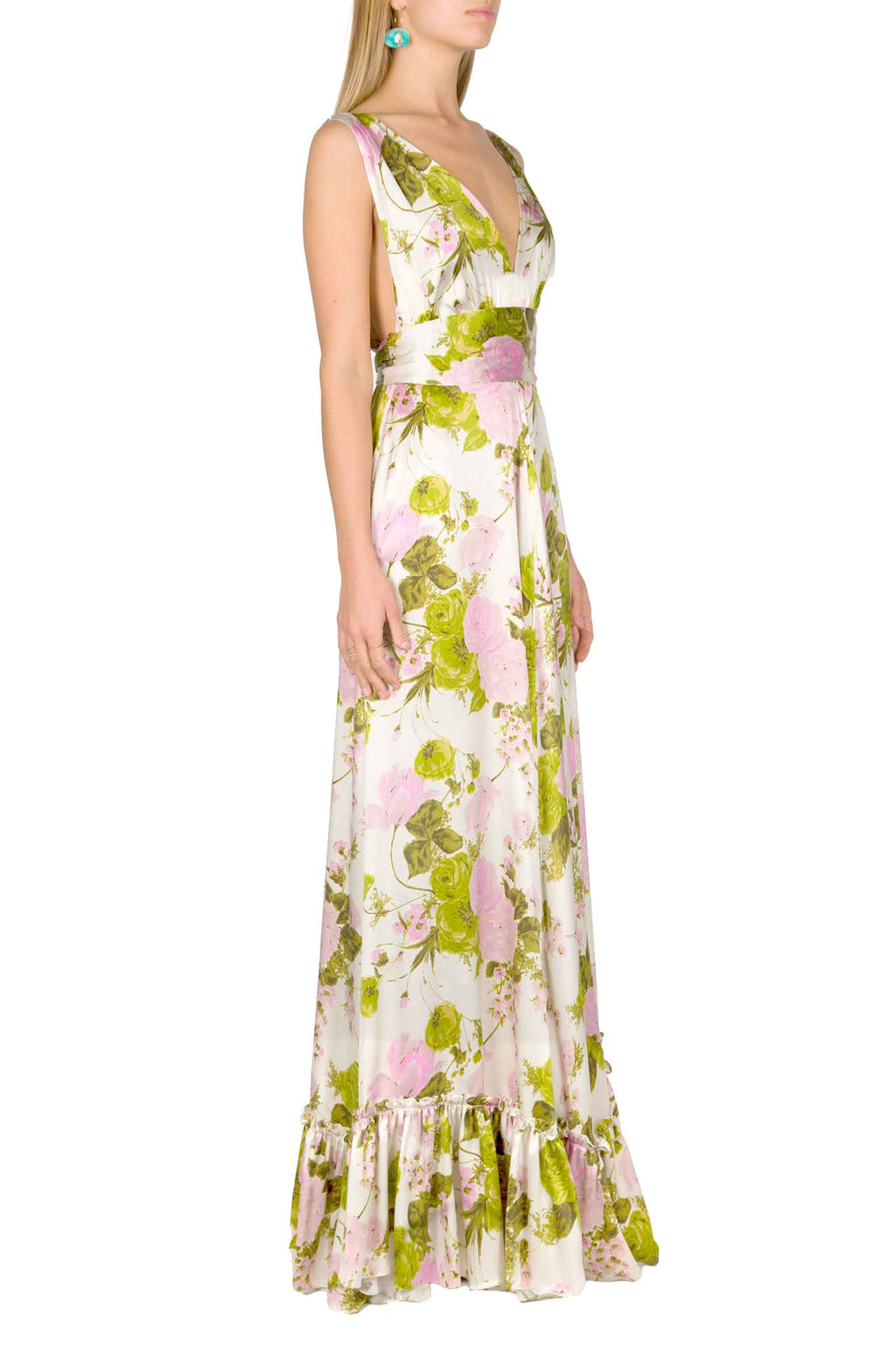 Vestito lungo in seta con rose in fiore e scollo a V