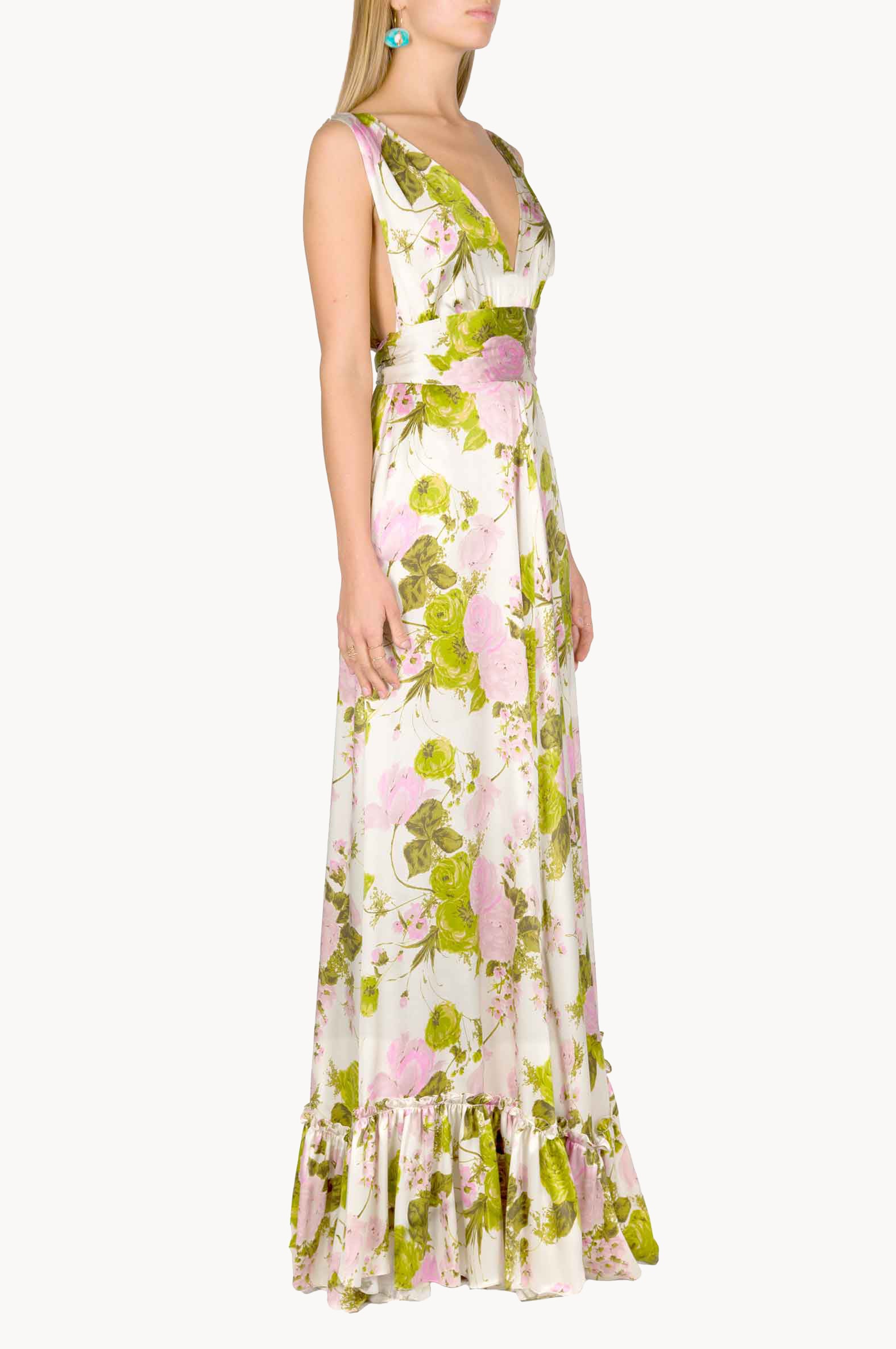 Blooming Roses Silk Long Dress With V Neckline