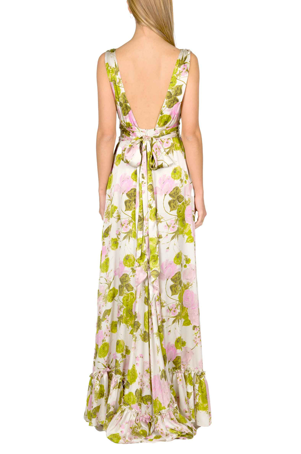 Vestito lungo in seta con rose in fiore e scollo a V