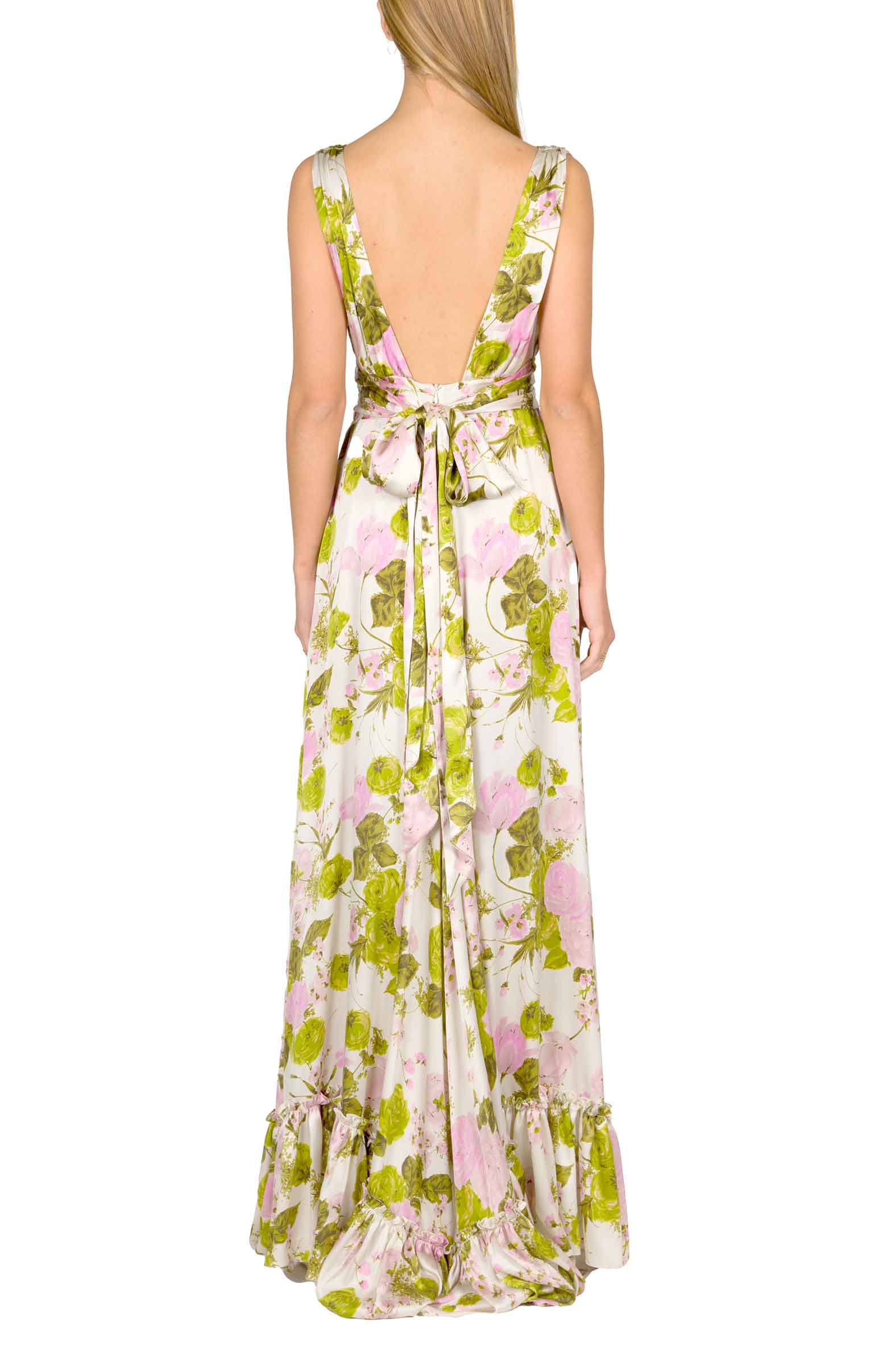 Vestito lungo in seta con rose in fiore e scollo a V
