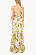 Blooming Roses Silk Long Dress With V Neckline