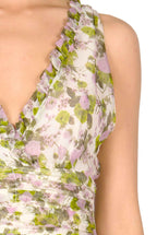Vestito lungo in chiffon arricciato con rose in fiore