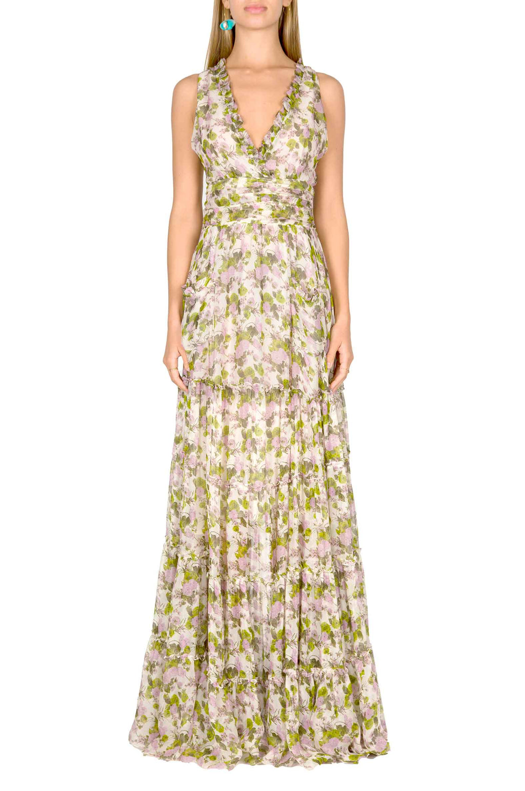 Vestito lungo in chiffon arricciato con rose in fiore