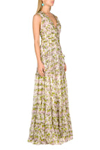 Vestito lungo in chiffon arricciato con rose in fiore