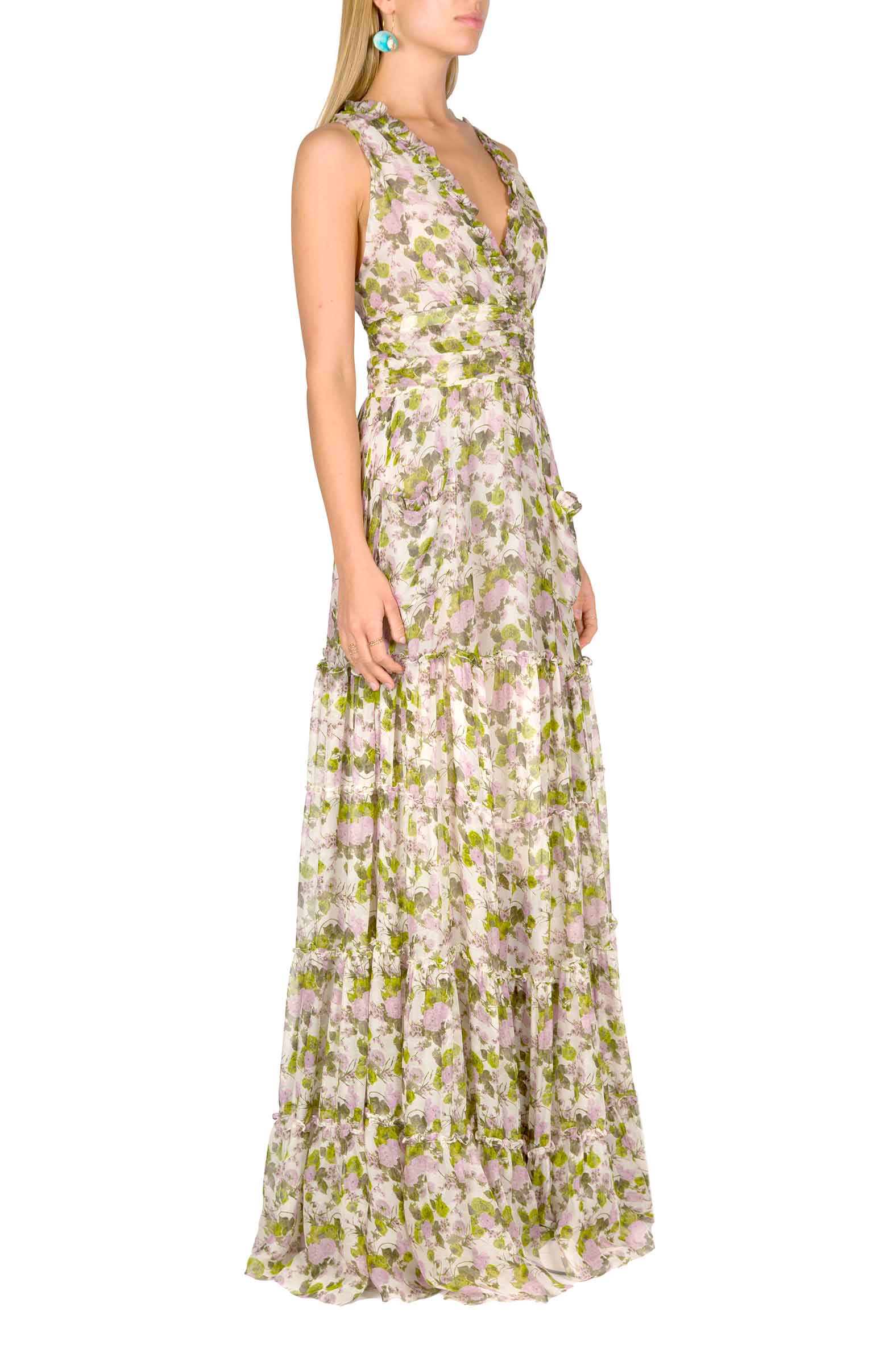 Vestito lungo in chiffon arricciato con rose in fiore