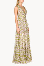 Blooming Roses Ruched Chiffon Long Dress