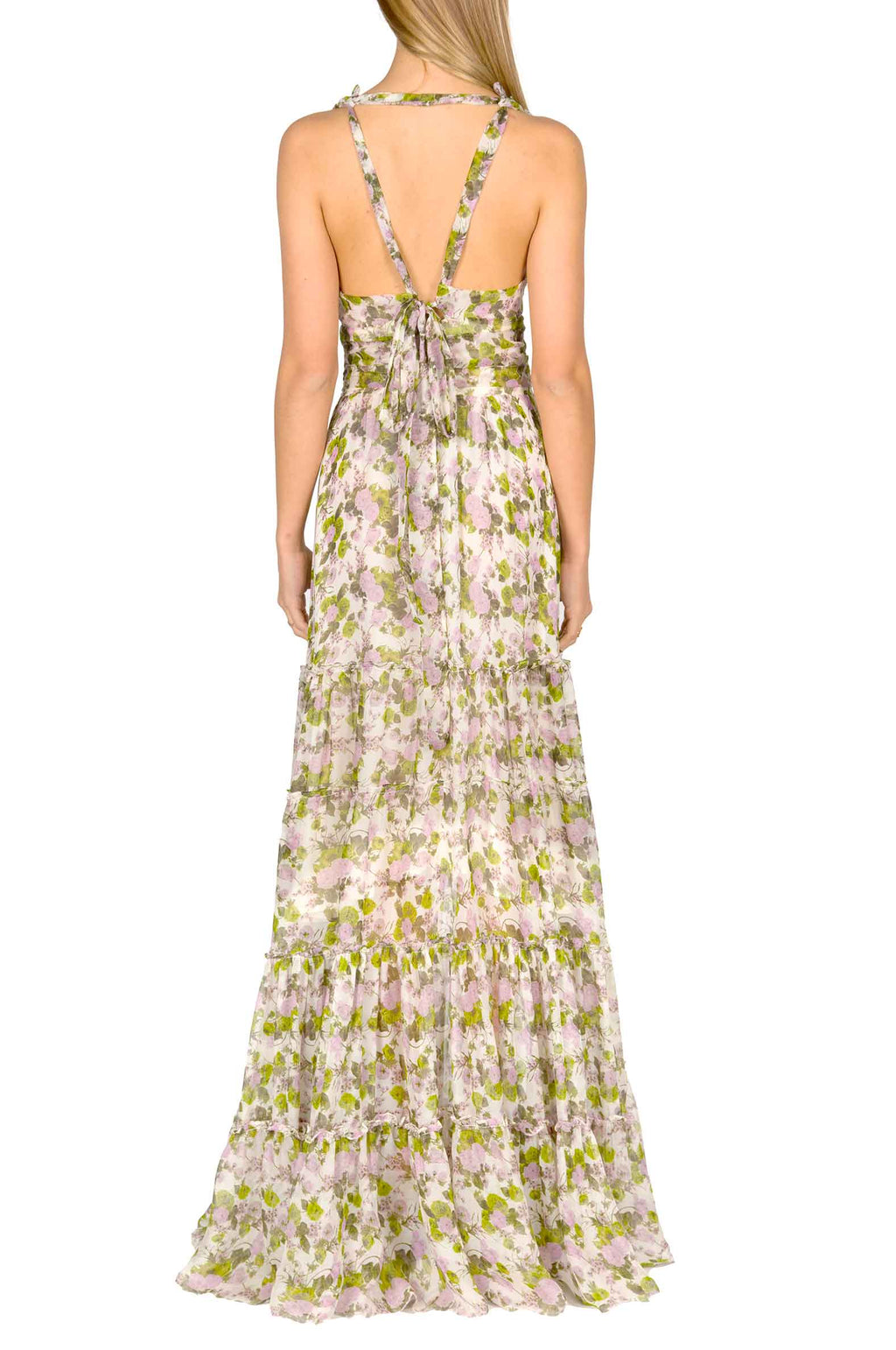Vestito lungo in chiffon arricciato con rose in fiore