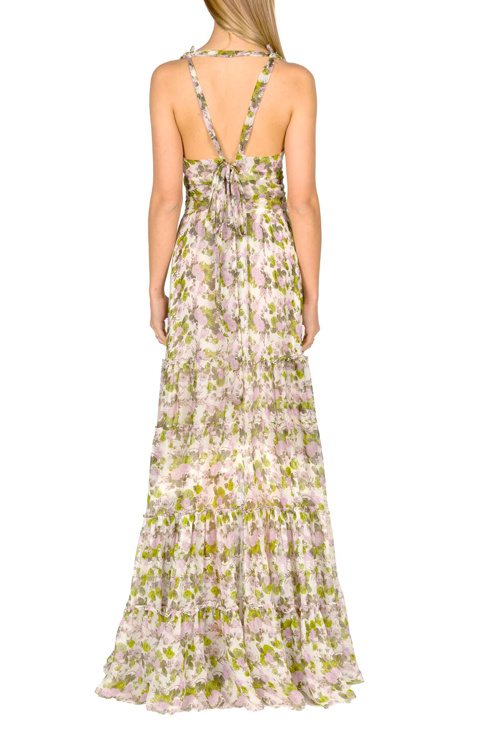 Vestito lungo in chiffon arricciato con rose in fiore