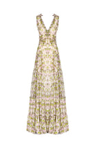 Vestito lungo in chiffon arricciato con rose in fiore