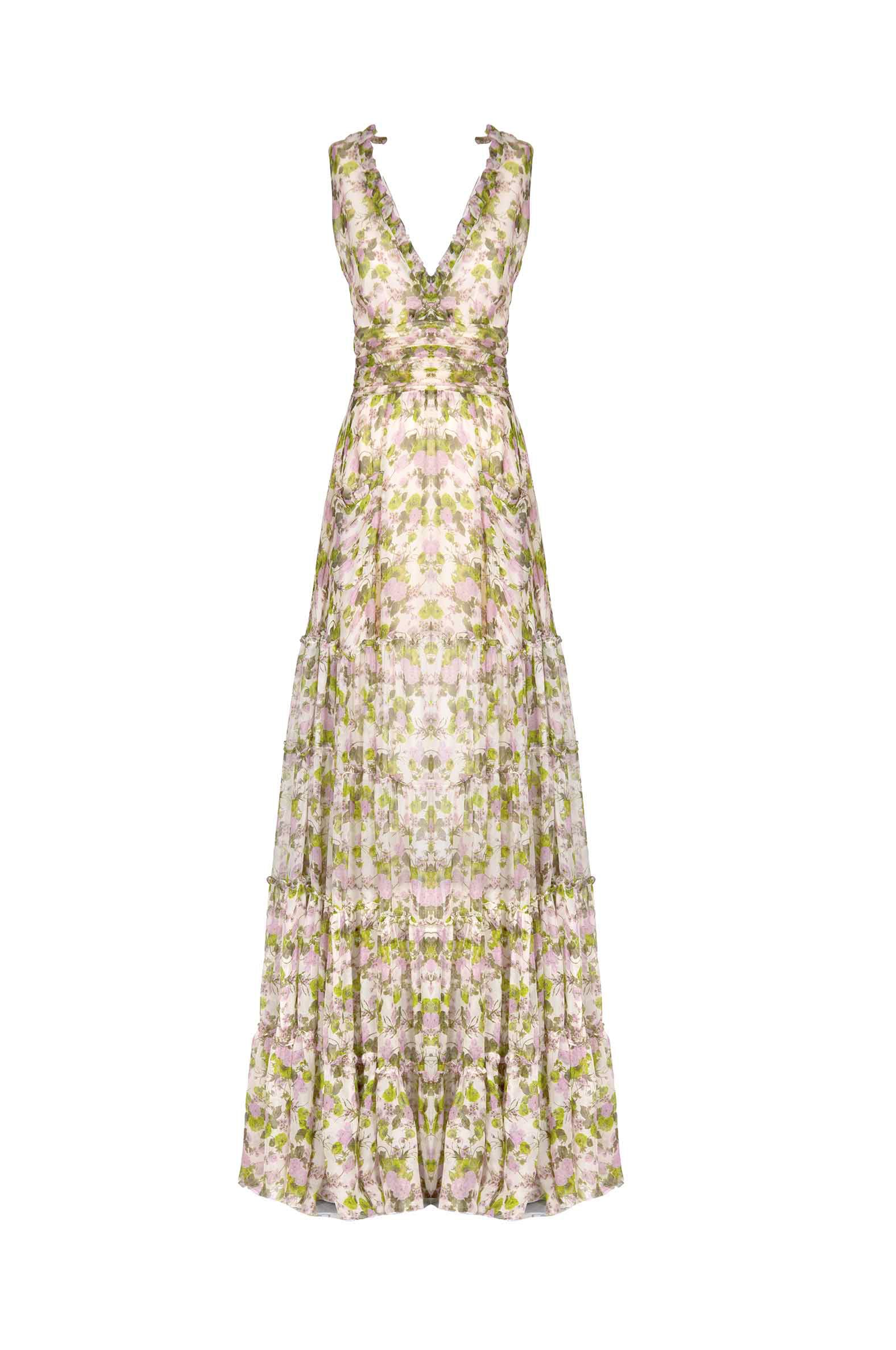 Vestito lungo in chiffon arricciato con rose in fiore