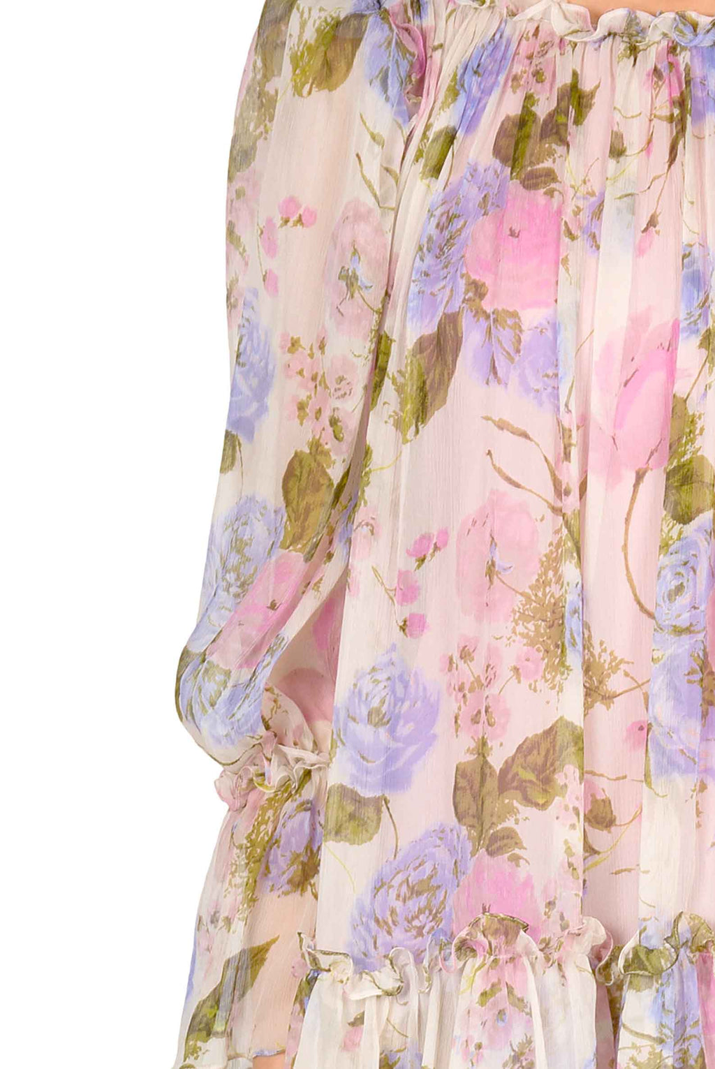 Abito corto in chiffon stampato floreale con maniche a palloncino