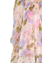 Abito corto in chiffon stampato floreale con maniche a palloncino
