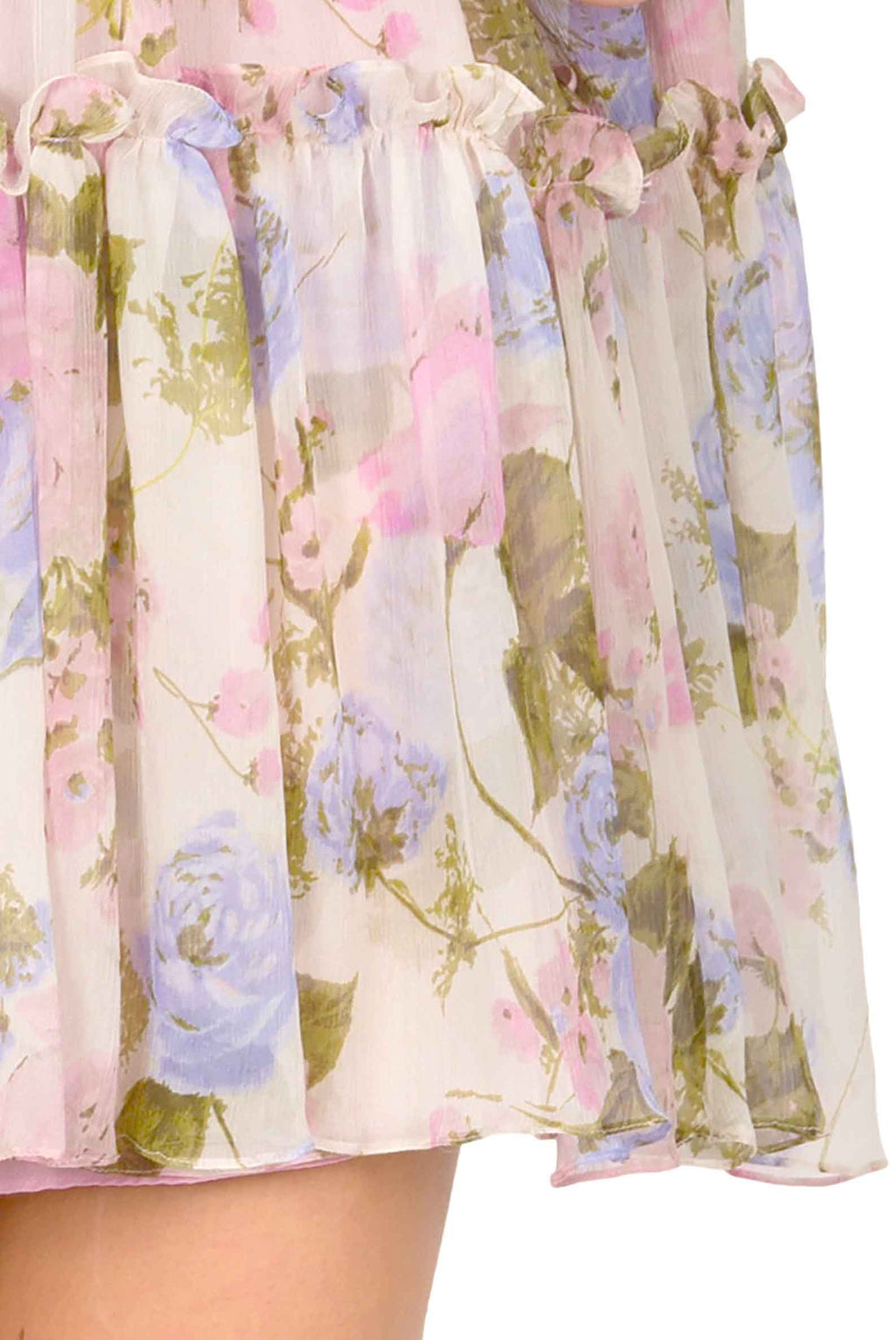 Abito corto in chiffon stampato floreale con maniche a palloncino