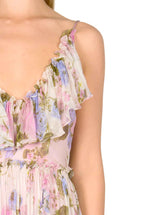 Abito lungo in chiffon floreale con volant