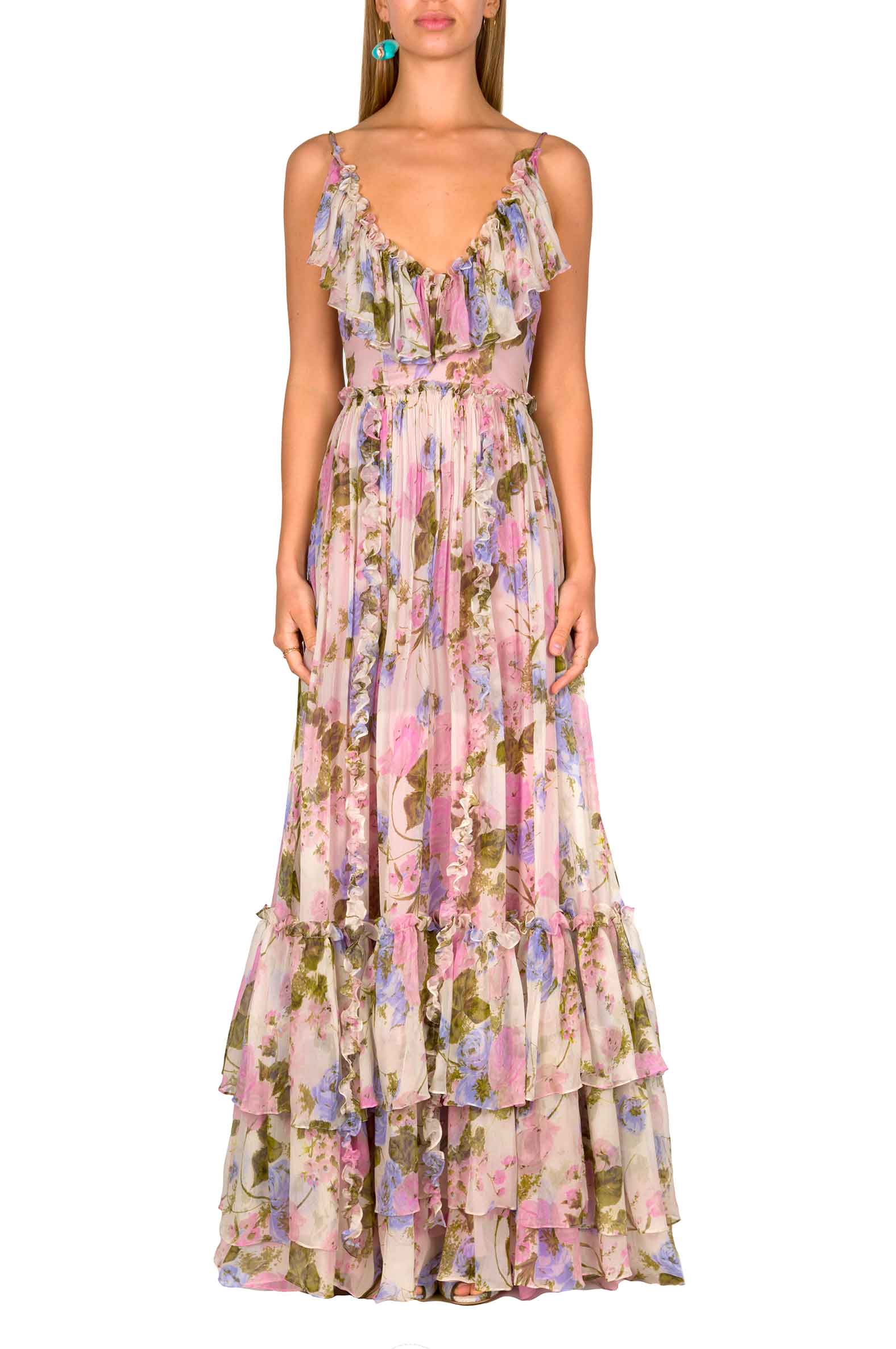 Abito lungo in chiffon floreale con volant