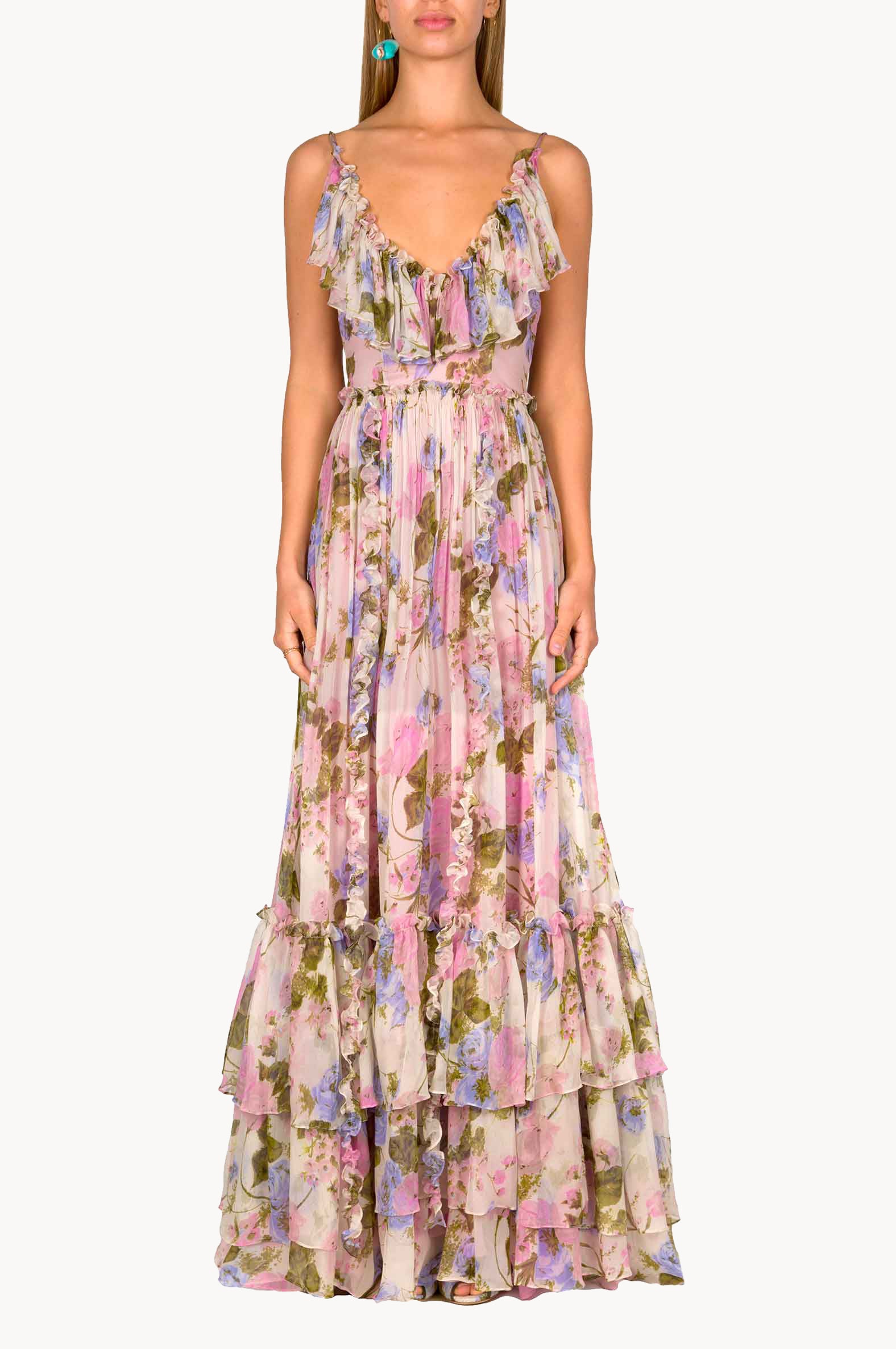 Abito lungo in chiffon floreale con volant