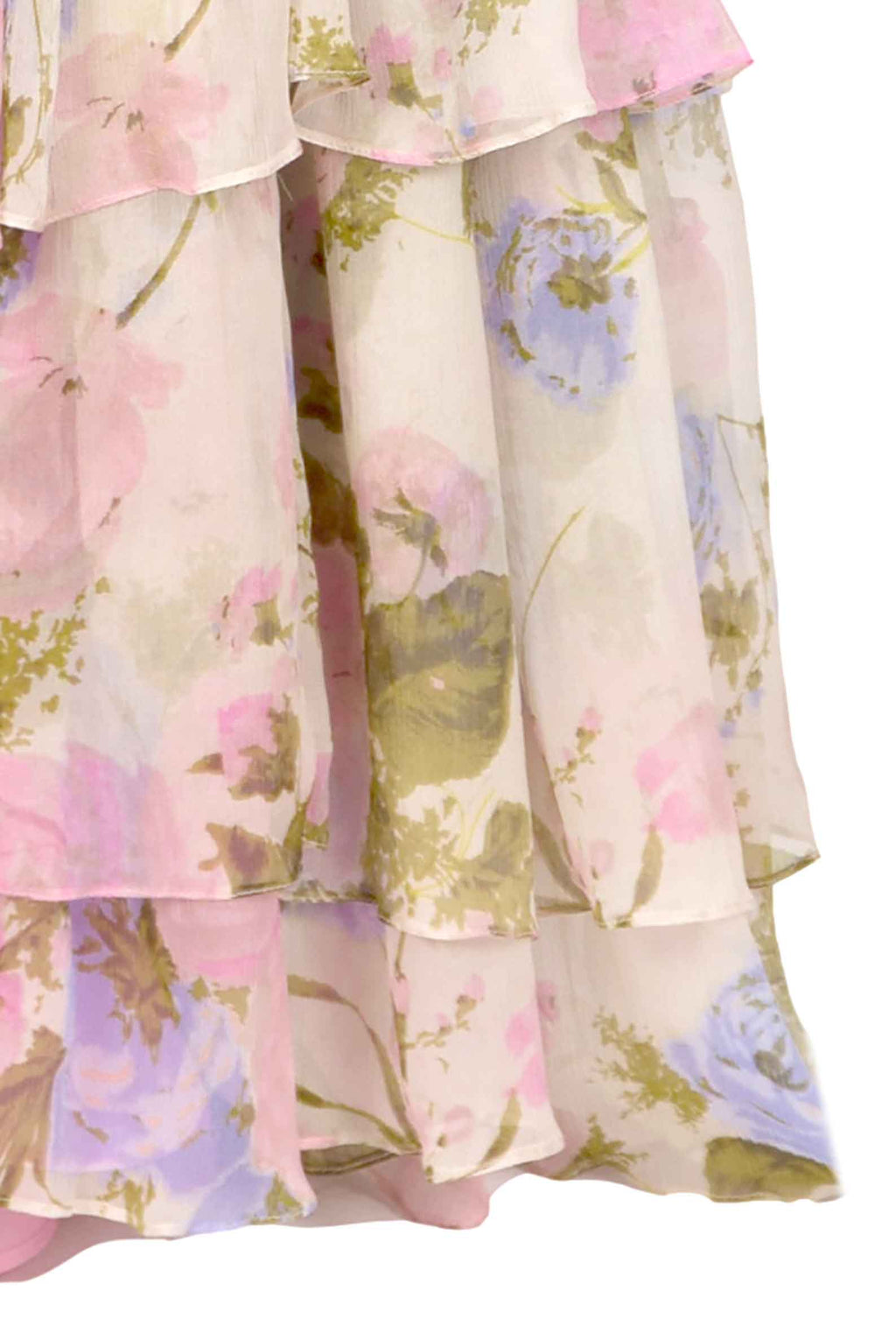 Abito lungo in chiffon floreale con volant