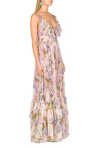 Abito lungo in chiffon floreale con volant