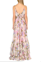 Abito lungo in chiffon floreale con volant