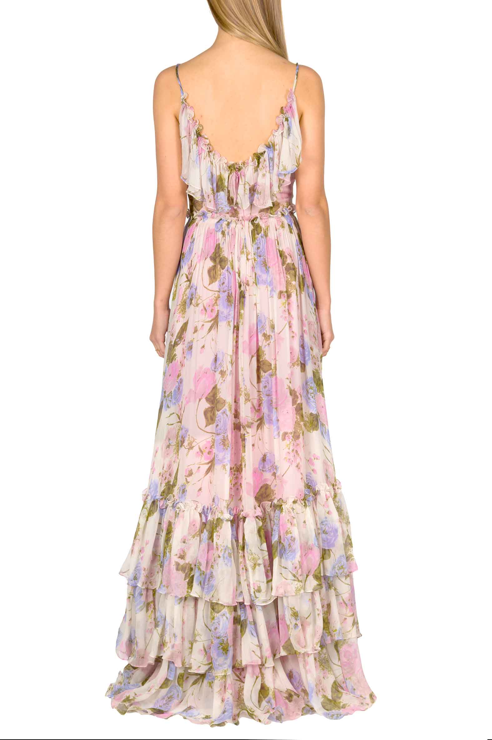 Abito lungo in chiffon floreale con volant