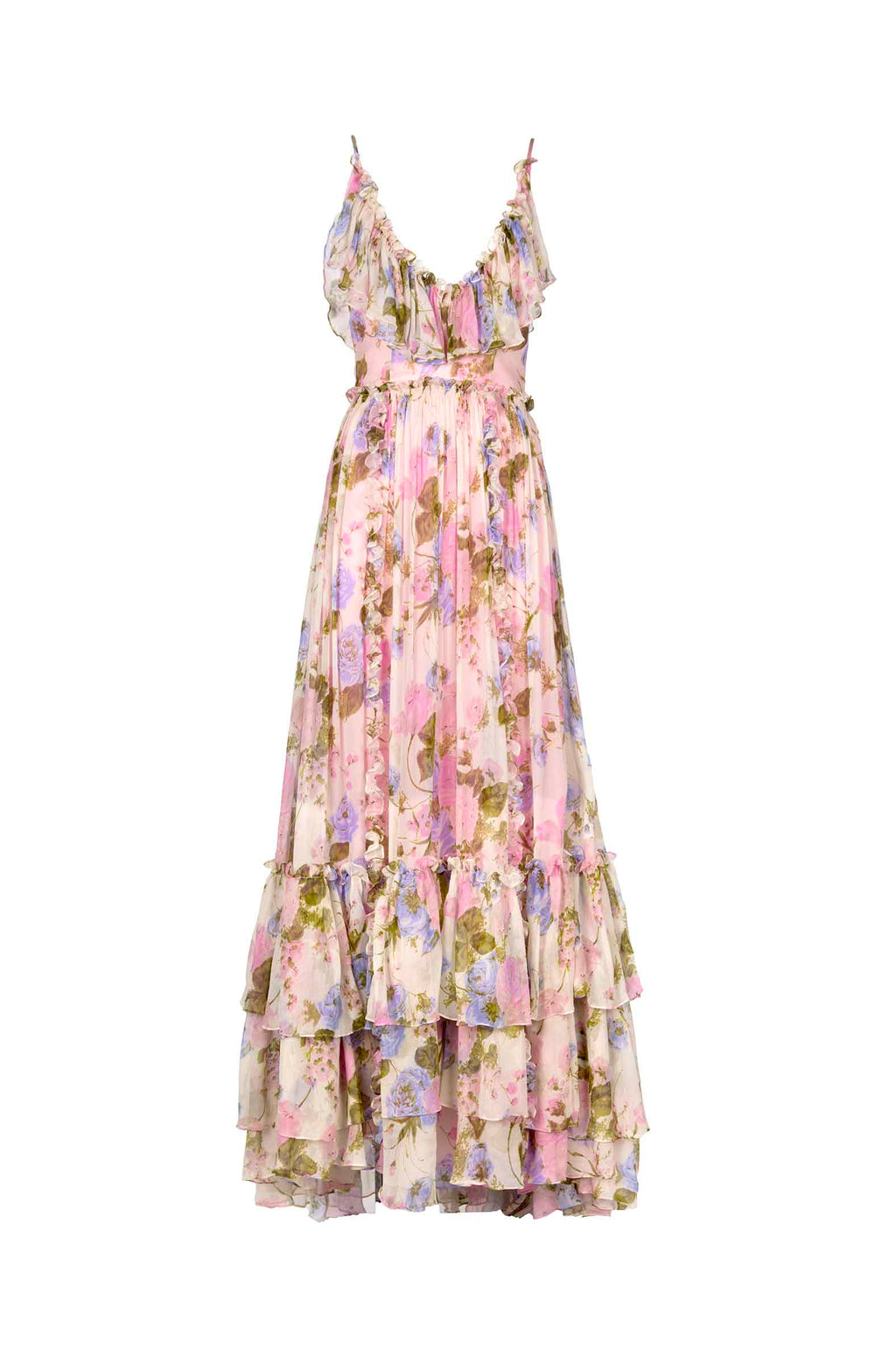 Abito lungo in chiffon floreale con volant