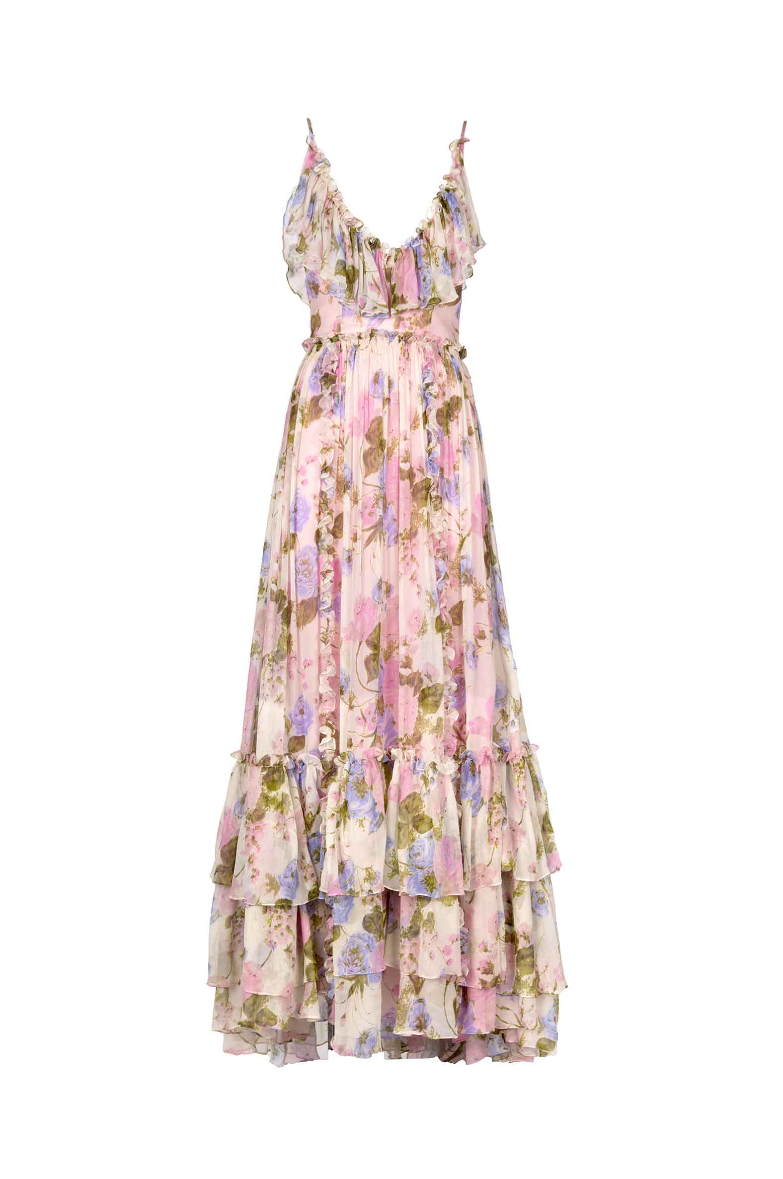 Abito lungo in chiffon floreale con volant