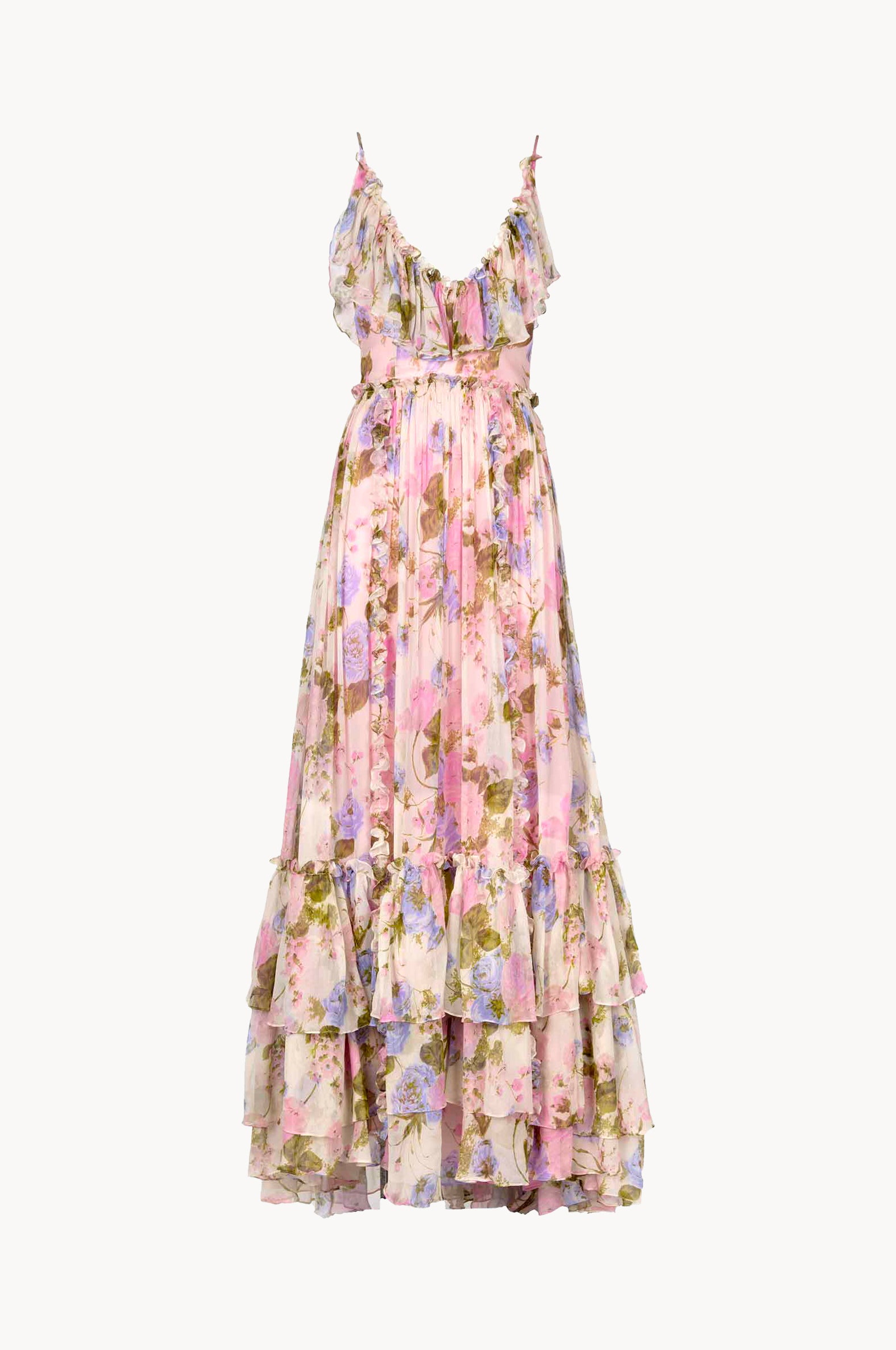 Abito lungo in chiffon floreale con volant