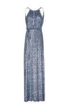 Vestito blu con paillettes e spacco alto