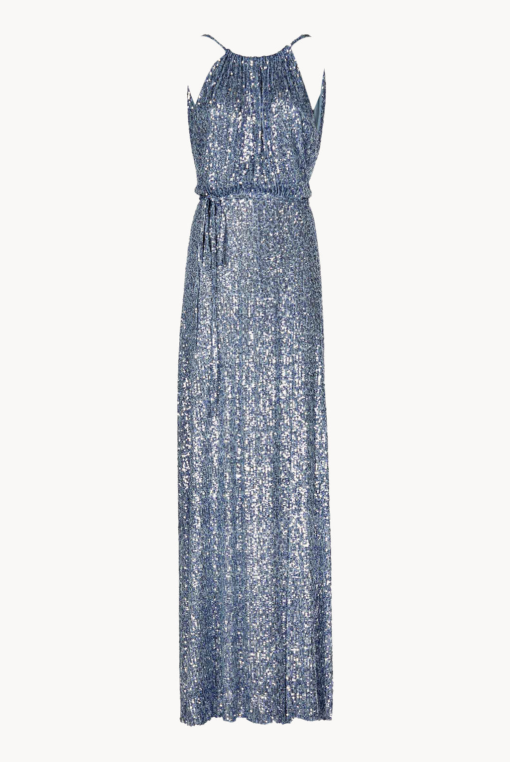 Vestito blu con paillettes e spacco alto