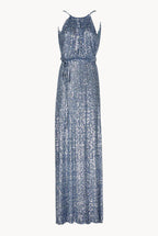 Vestito blu con paillettes e spacco alto