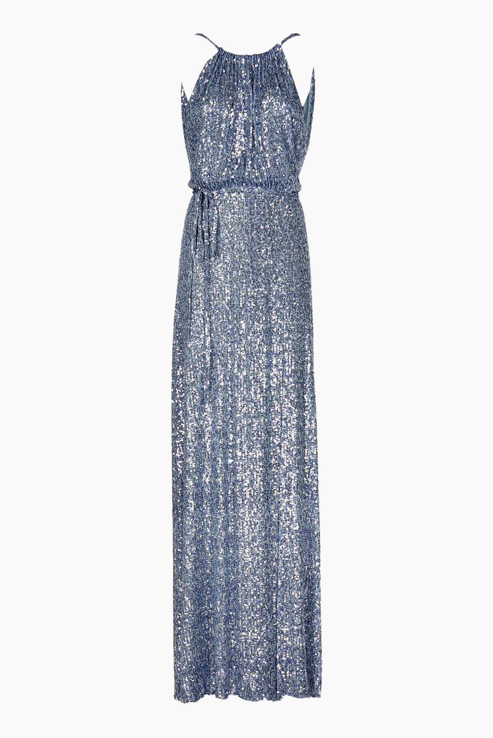 Vestito blu con paillettes e spacco alto