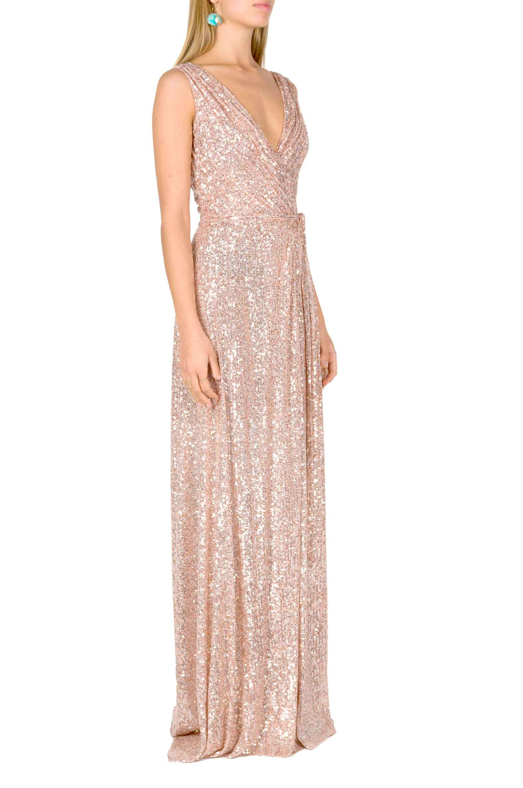 Vestito rosa con paillettes a portafoglio