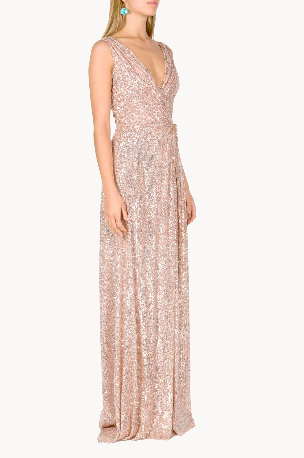 Vestito rosa con paillettes a portafoglio