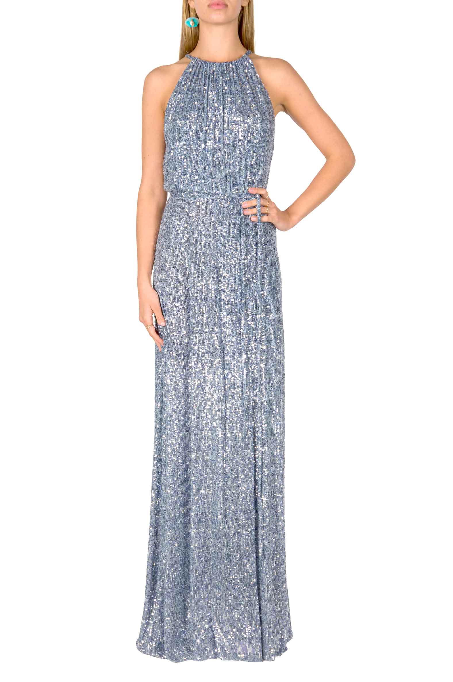 Vestito blu con paillettes e spacco alto
