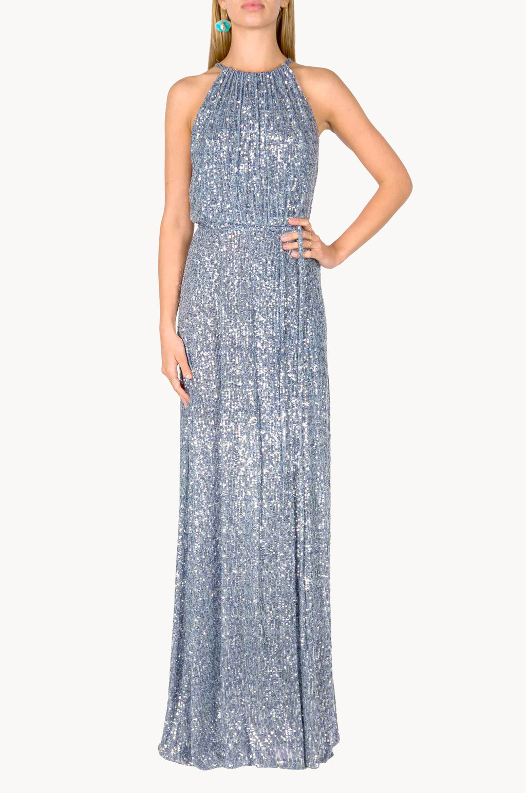 Vestito blu con paillettes e spacco alto