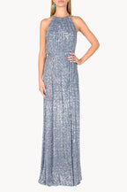 Vestito blu con paillettes e spacco alto