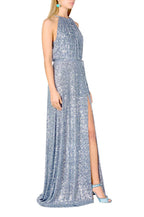 Vestito blu con paillettes e spacco alto