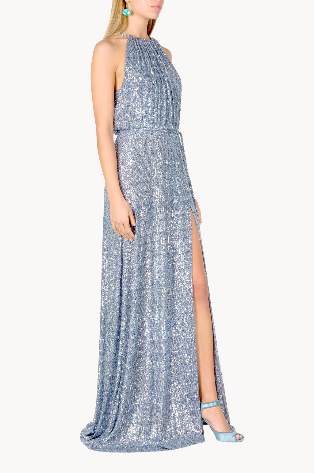 Vestito blu con paillettes e spacco alto