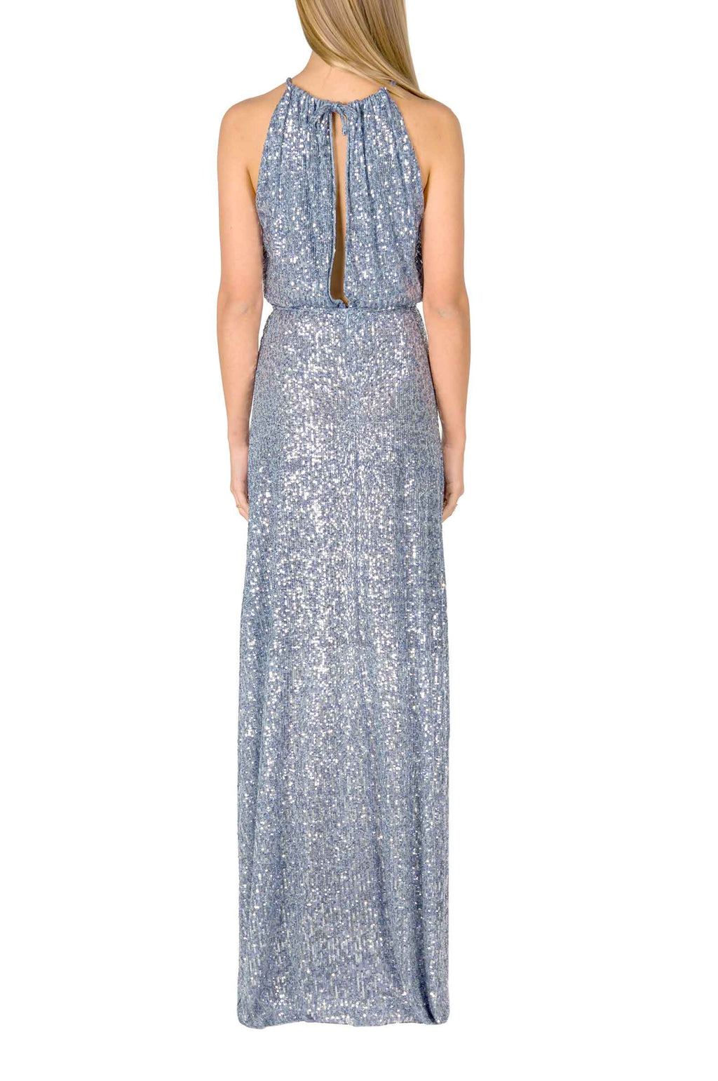 Vestito blu con paillettes e spacco alto