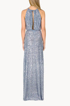 Vestito blu con paillettes e spacco alto