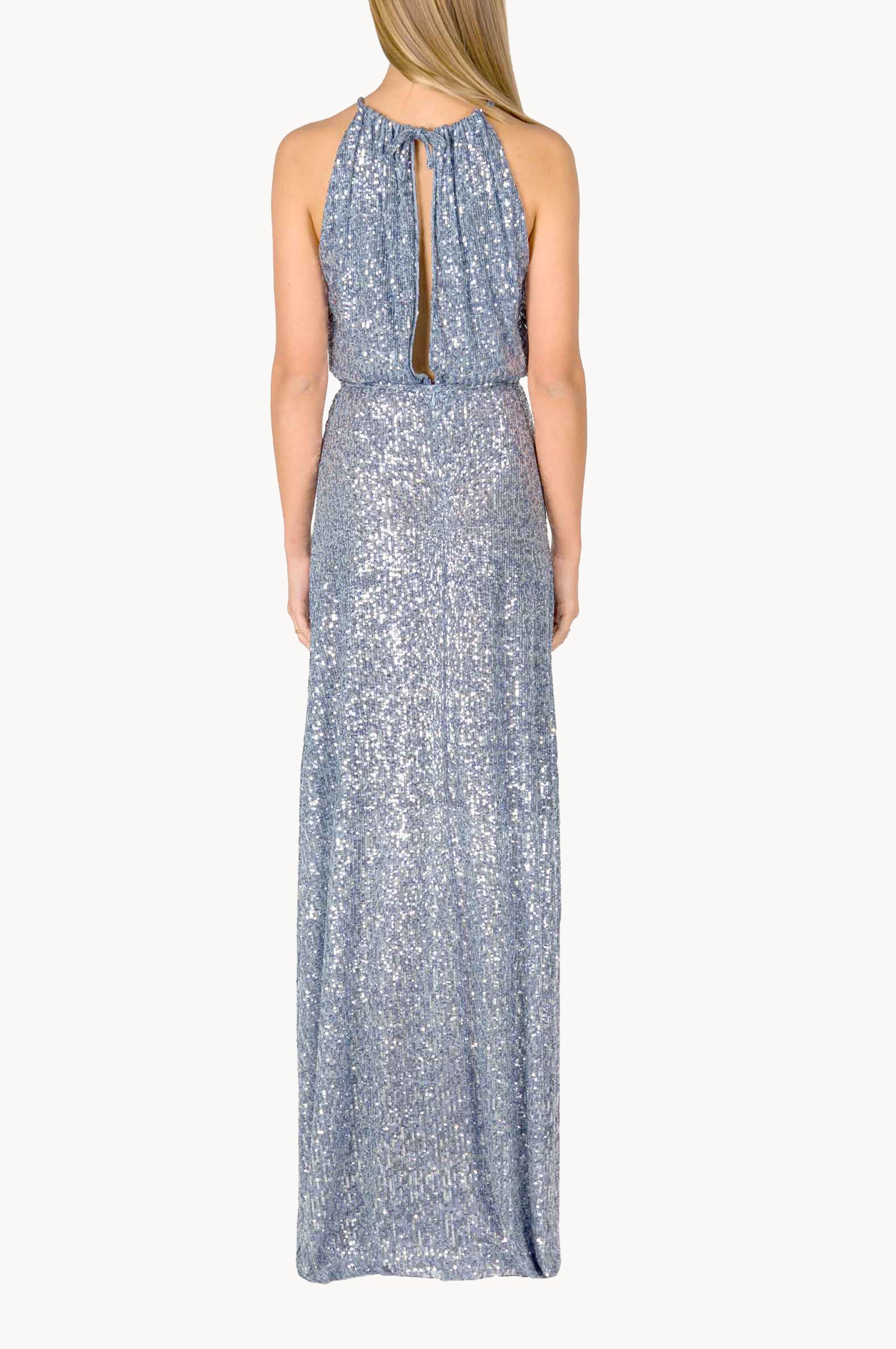 Vestito blu con paillettes e spacco alto