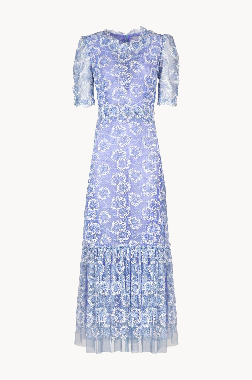 Ruffled Midi Dress With Flower Embroidery