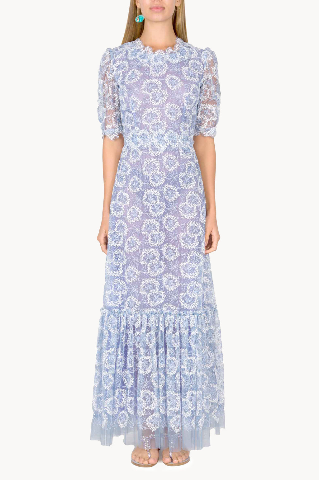 Ruffled Midi Dress With Flower Embroidery