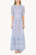 Ruffled Midi Dress With Flower Embroidery