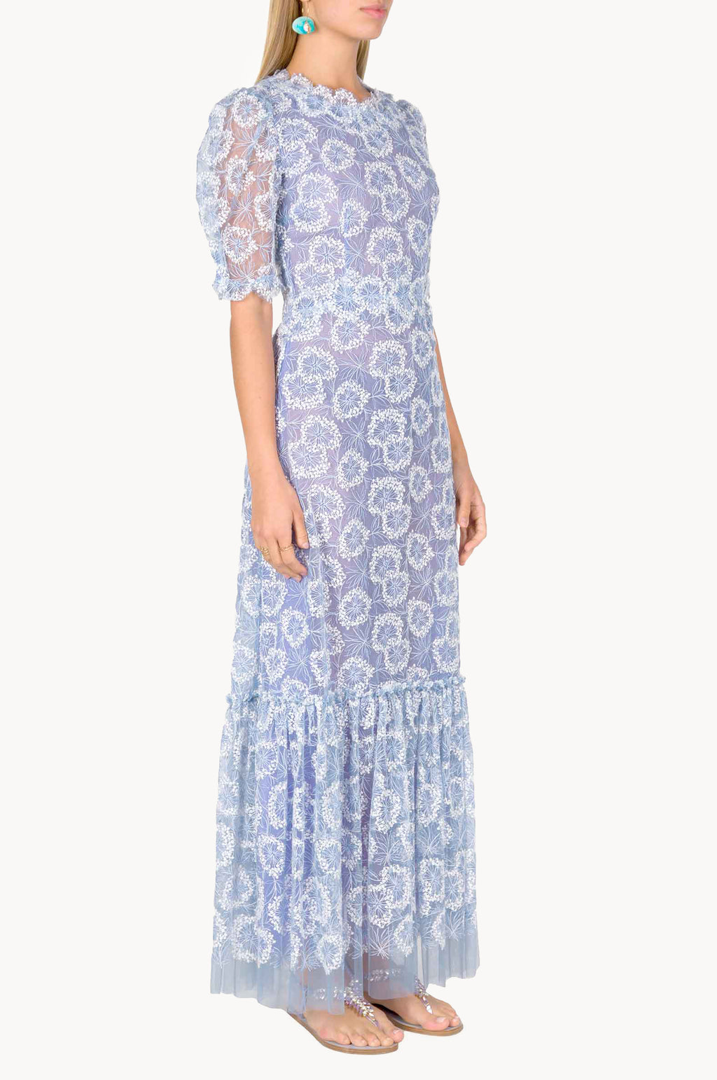 Ruffled Midi Dress With Flower Embroidery