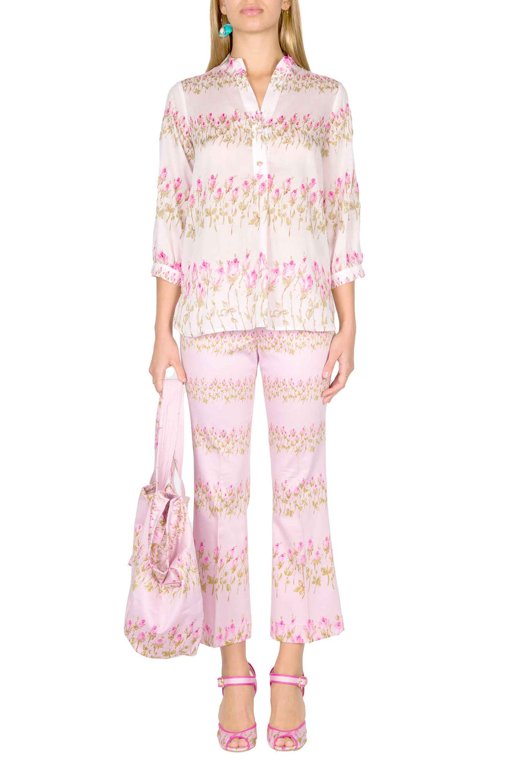 Camicia rosa a righe floreali