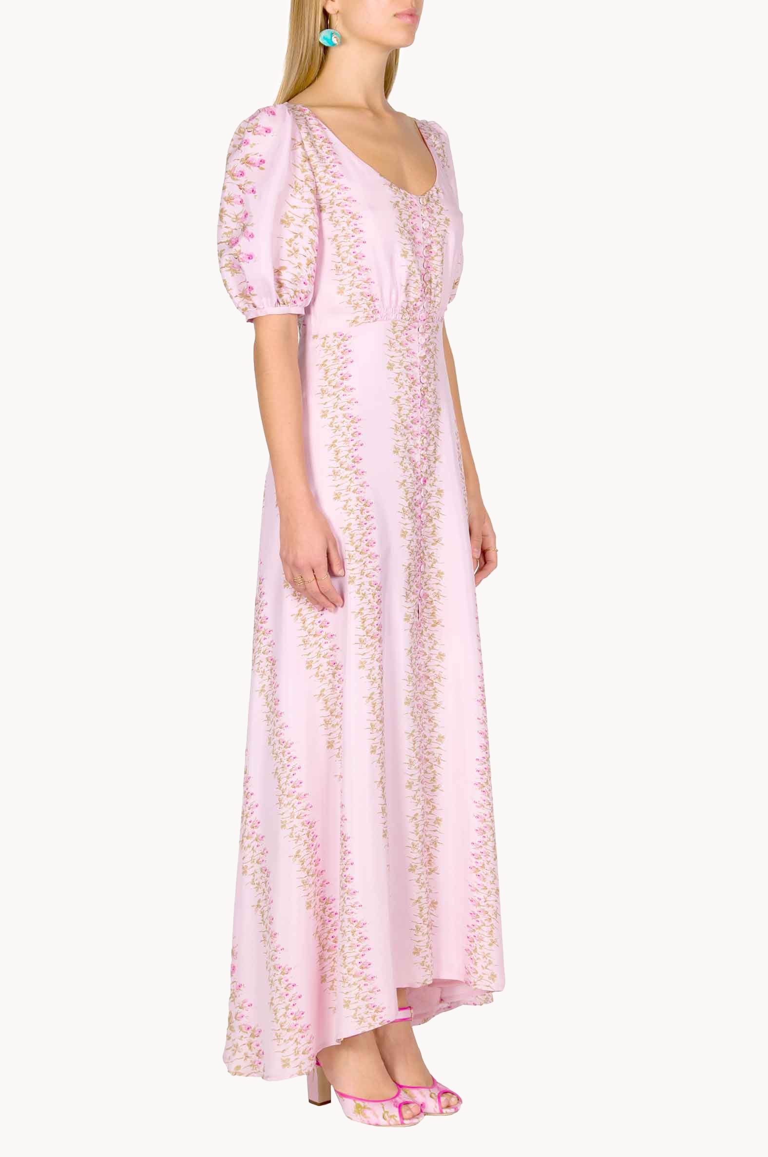 Flowery Striped Silk Bottoncino Dress