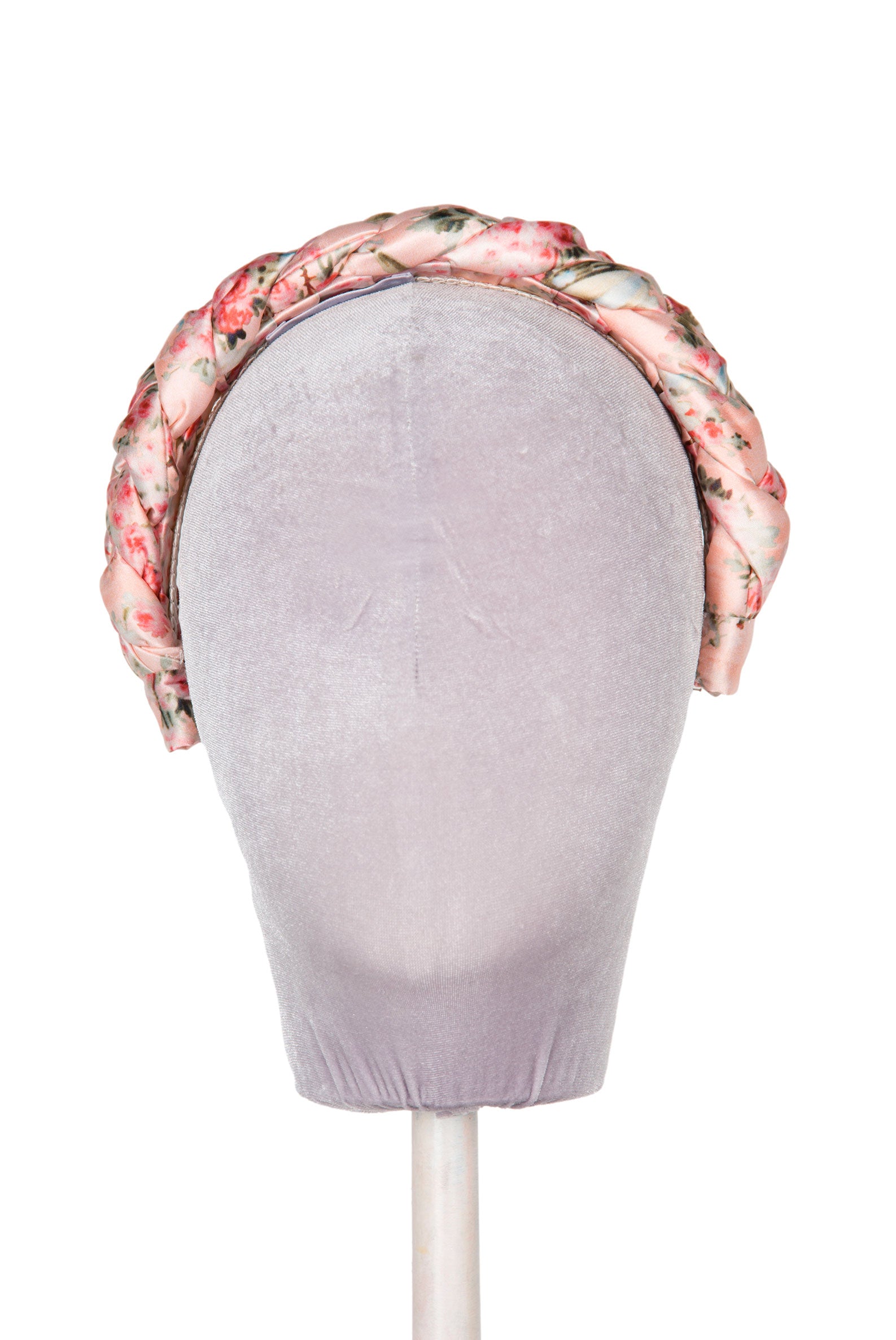 Fascia per capelli intrecciata con boccioli di rosa in raso lucido rosa