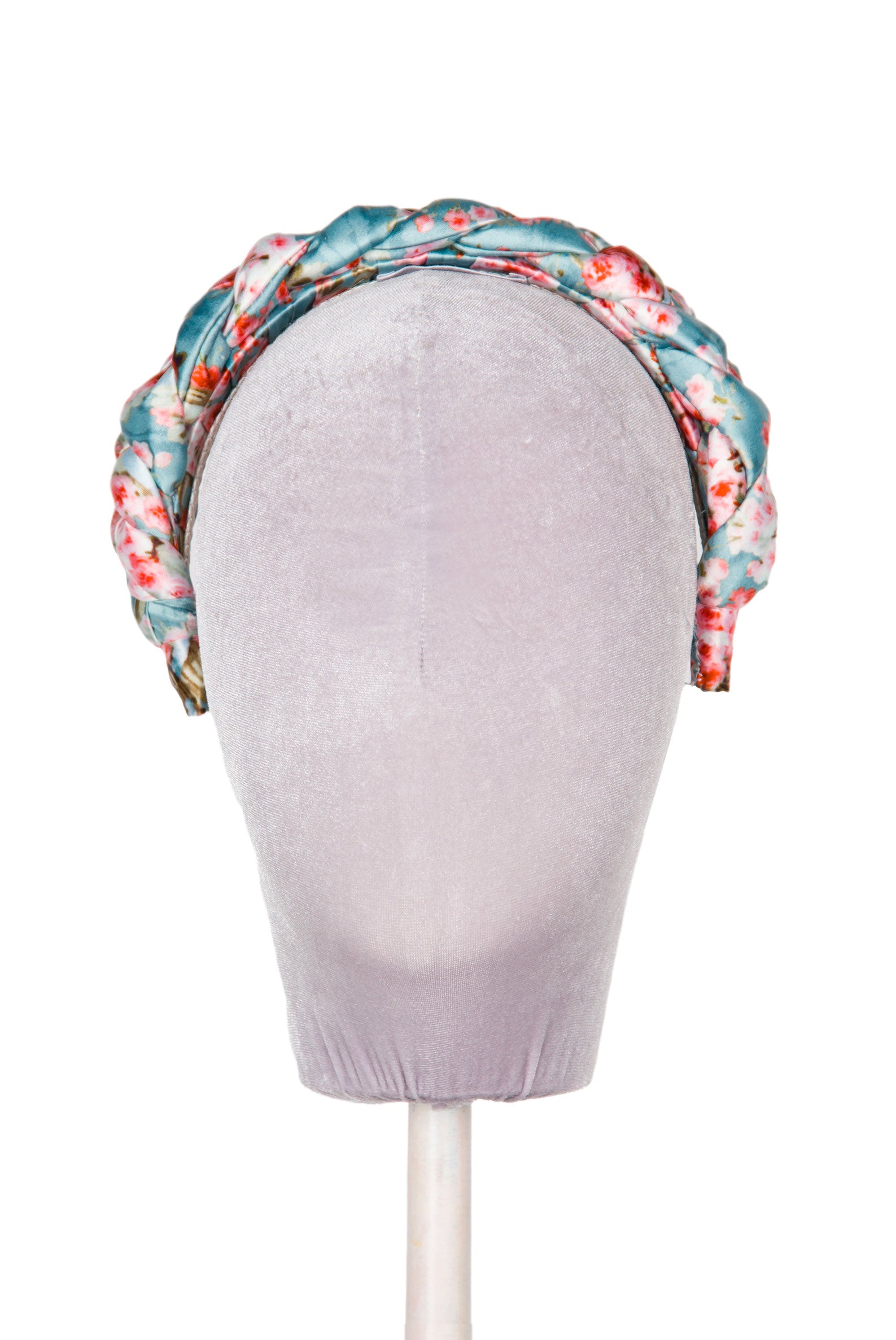Fascia per capelli intrecciata con boccioli di rosa in raso lucido blu