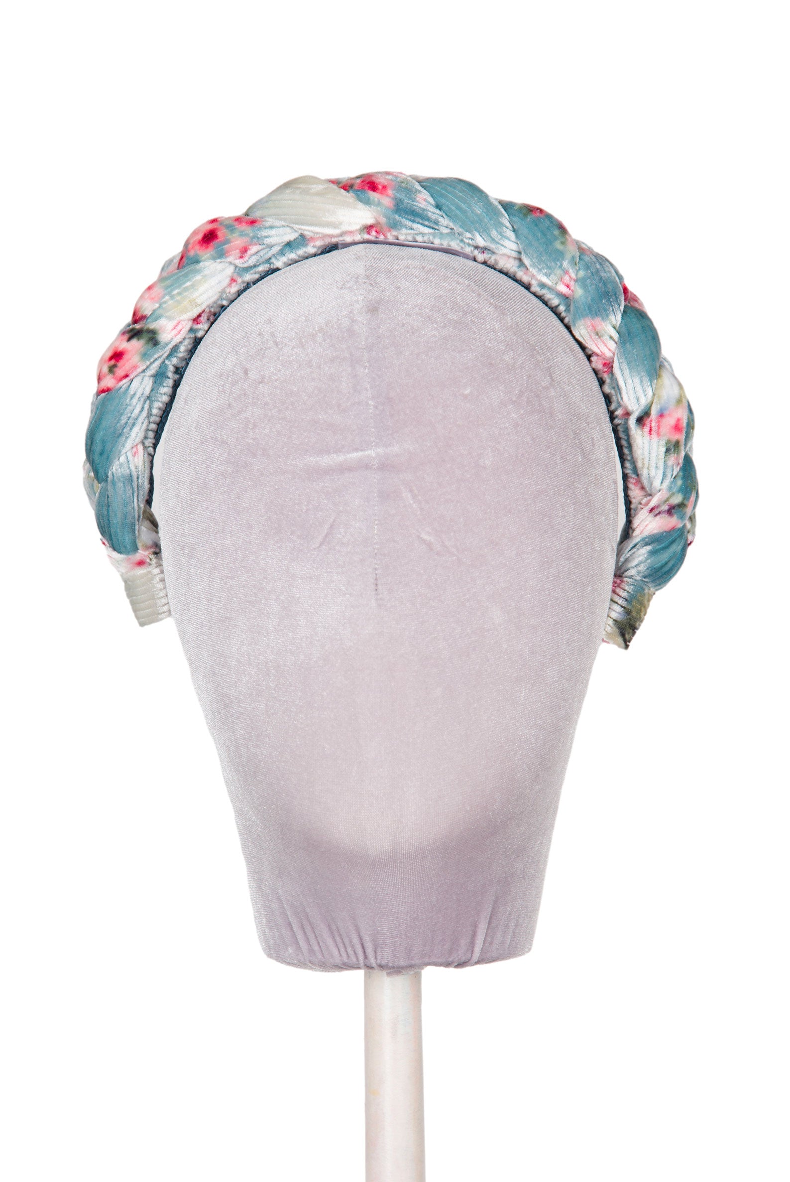 Fascia per capelli intrecciata con boccioli di rosa in velluto blu